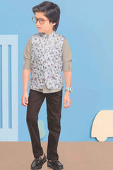 Grey Overcoat With Fawn T-shirt And Pant Set For Boys