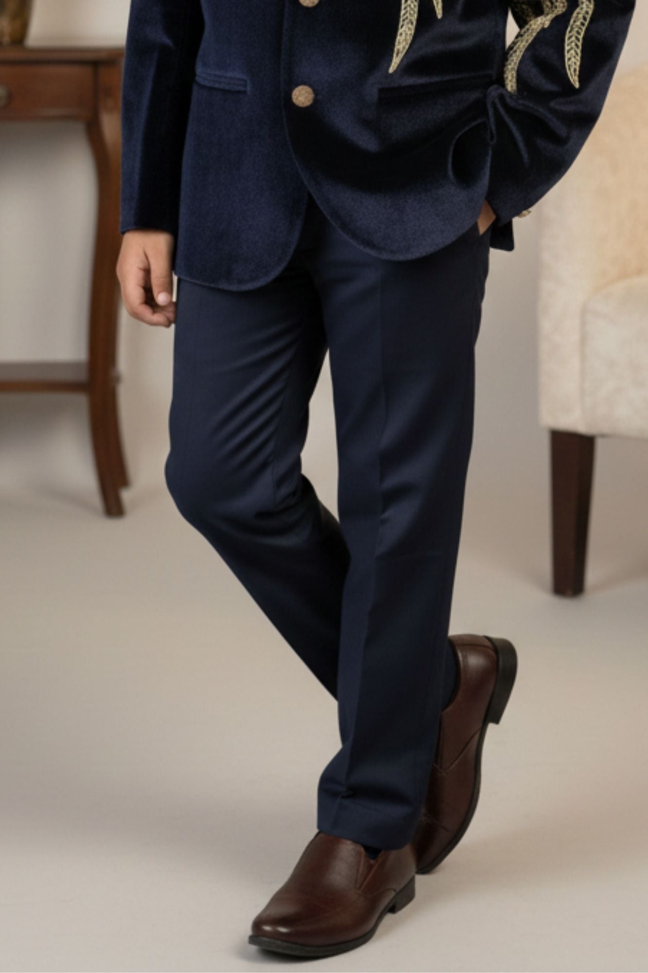 Navy Blue Embroidered Jodhpuri Suit Set With Golden Peacock Motif For Boys