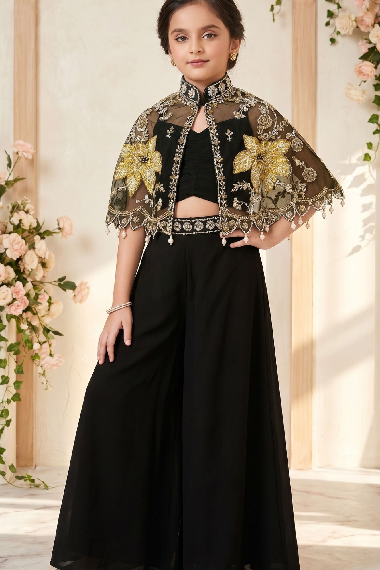 Black Embroidered Cape Style Palazzo Set For Girls With Designer Jacket