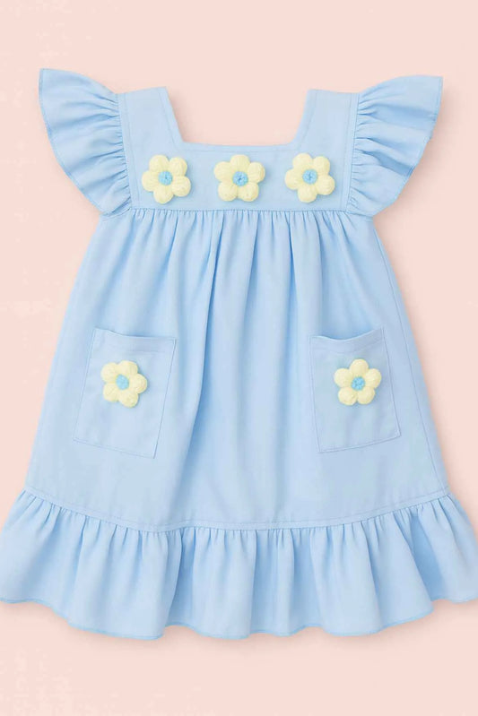 Sky Blue Cotton Dress with 3D Flower Appliqué For Girls