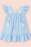Sky Blue Cotton Dress with 3D Flower Appliqué For Girls
