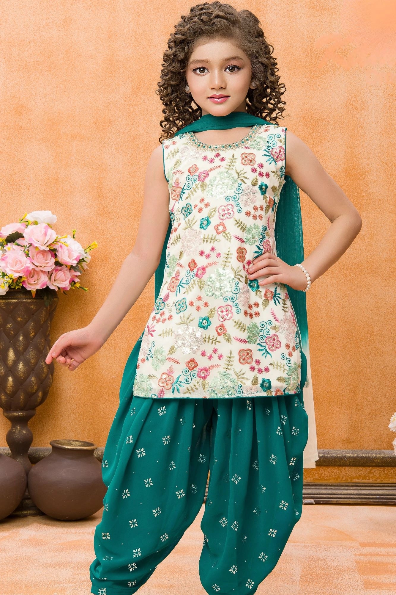 Teal Green and Cream Printed Patiala Set with Dupatta For Girls