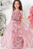 Peach Spiral 3D Petal Appliqué Party Gown For Girls