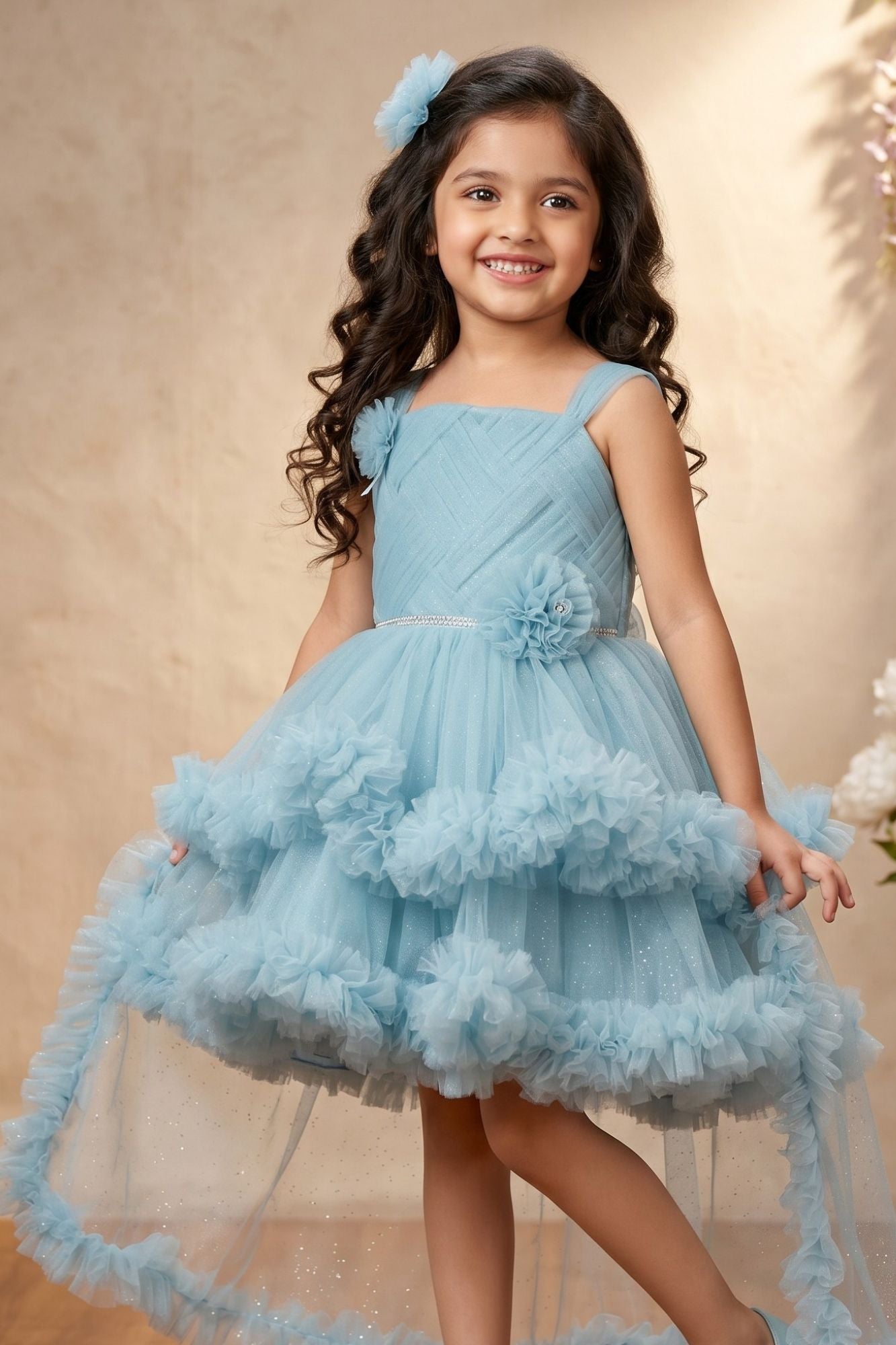 Blue Sleeveless Stone Work And Floral Embellished Tail Back Frock For Girls
