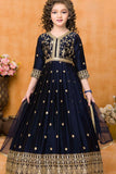 Navy Blue Sequins Work And Zari Embroidered Ethnic Gown For Girls