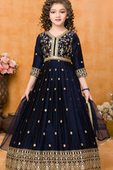 Navy Blue Sequins Work And Zari Embroidered Ethnic Gown For Girls