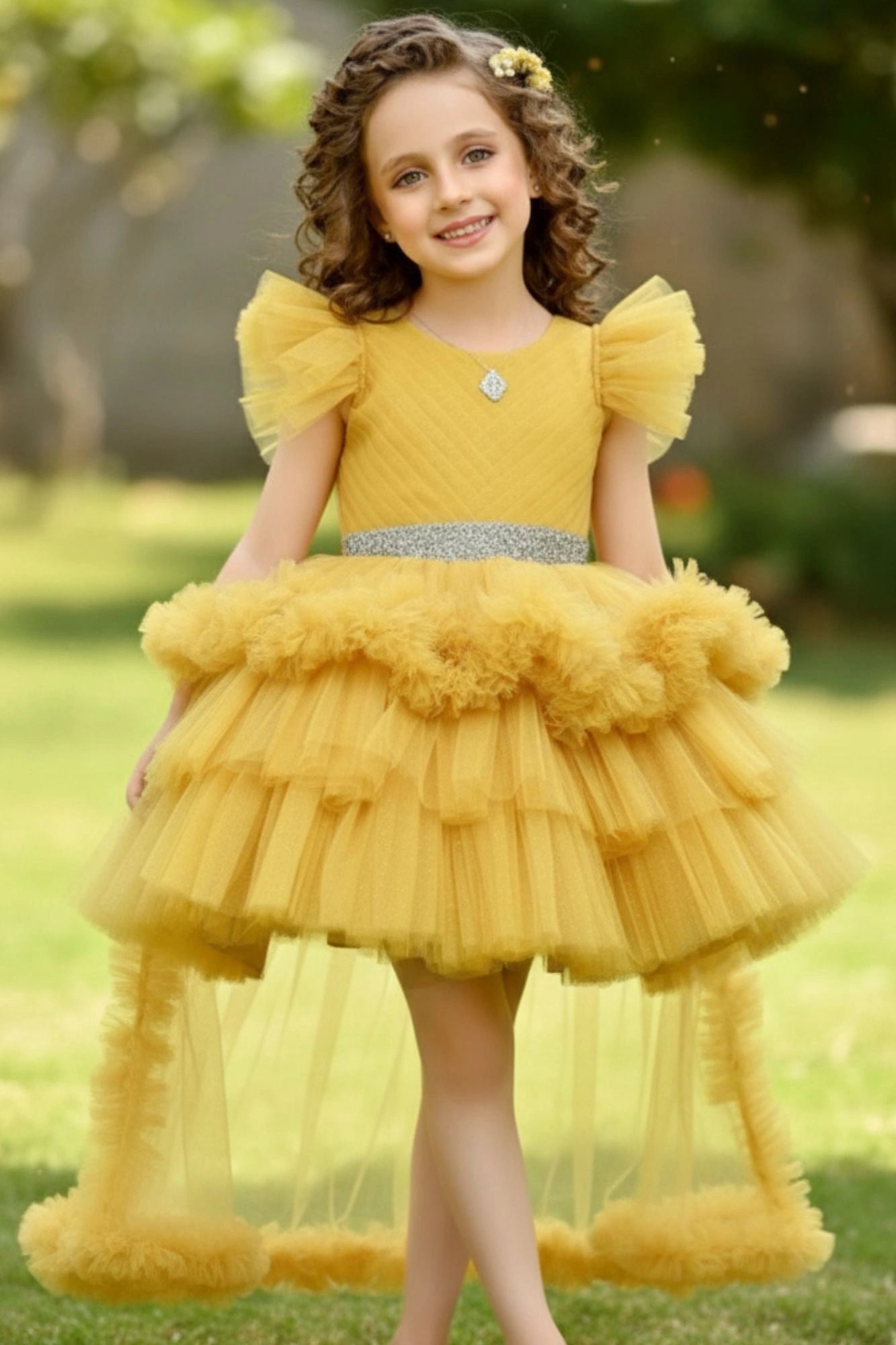 Yellow Ruffle Tailback Party Frock with Sparkle Belt For Girls