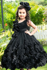 Designer Black Satin Gown With Embellished Flowers For Girls
