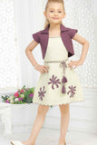 Wine And Cream Floral Patch Work Casual Dress With Overcoat For Girls