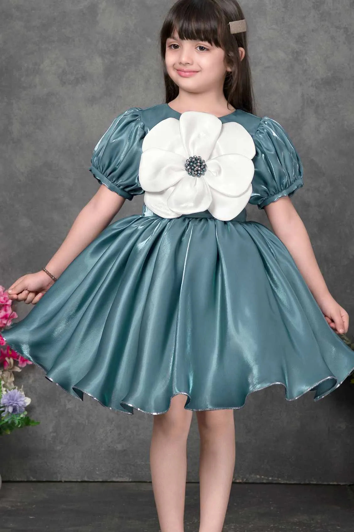 Teal Party Frock with Oversized Floral Appliqué For Girls