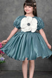 Teal Party Frock with Oversized Floral Appliqué For Girls
