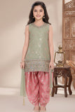 Pista Sleeveless Kurti with Foil-Print Pink Patiala And Dupatta For Girls