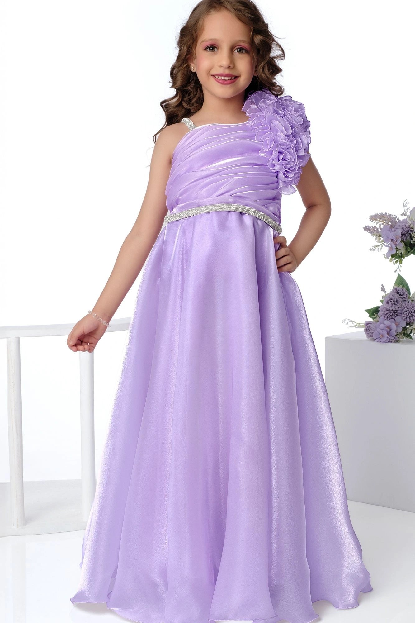 Designer Lavender Floral Appliqué Party Wear Gown For Girls