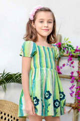 Green Smocked Frock With Floral Embroidered For Girls