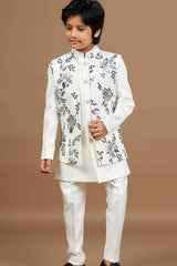 White Sherwani With Sequin Embroidery For Boys