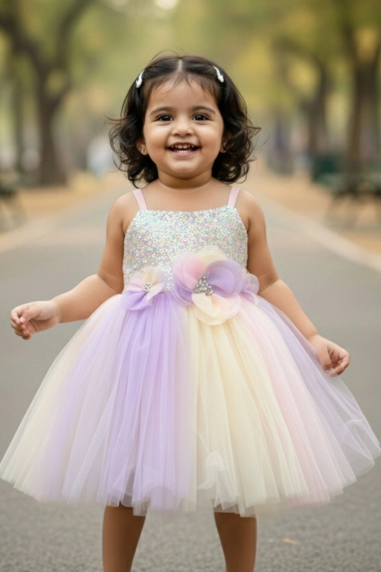 Pastel Rainbow Tulle Party Wear Frock with 3D Floral Accents For Girls
