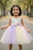 Pastel Rainbow Tulle Party Wear Frock with 3D Floral Accents For Girls
