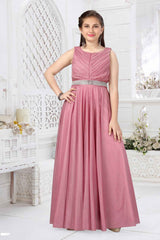 Onion Pink Shimmer Net Gown With Stone Waist Band For Girls