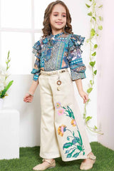 Blue 3/4th Sleeves Printed Crop Top With Cream Pant Set For Girls