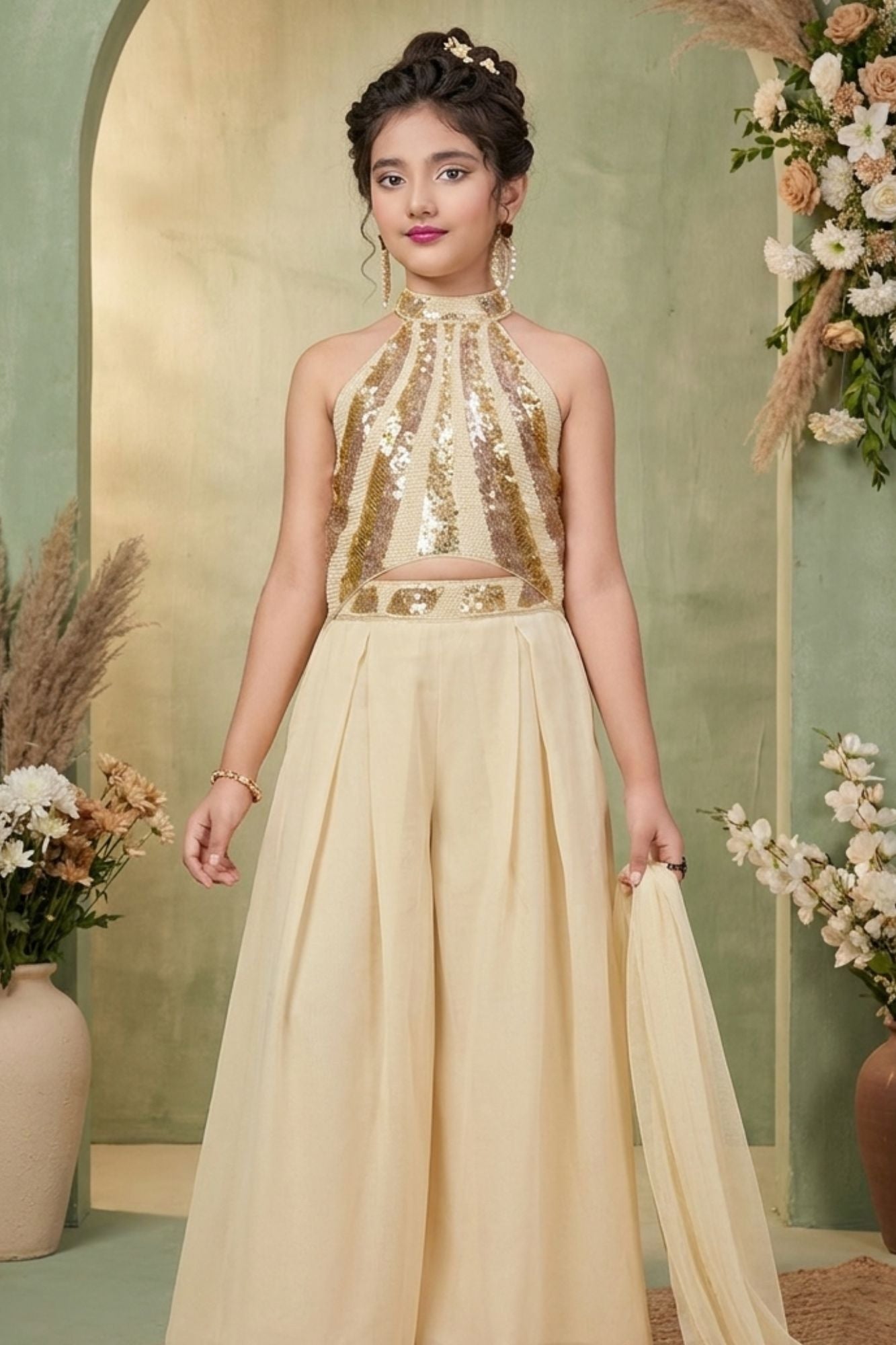 Girls Cream Sequin Halter Crop Top with Palazzo Set