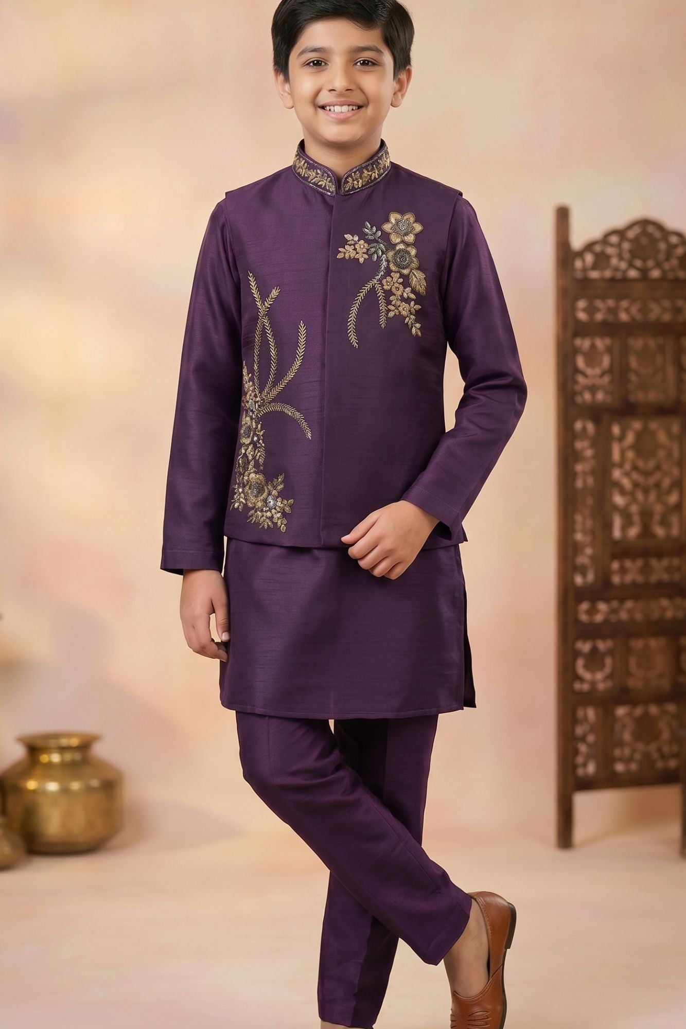 Boys Wine Kurta Set with Embroidered Nehru Jacket