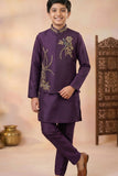 Boys Wine Kurta Set with Embroidered Nehru Jacket