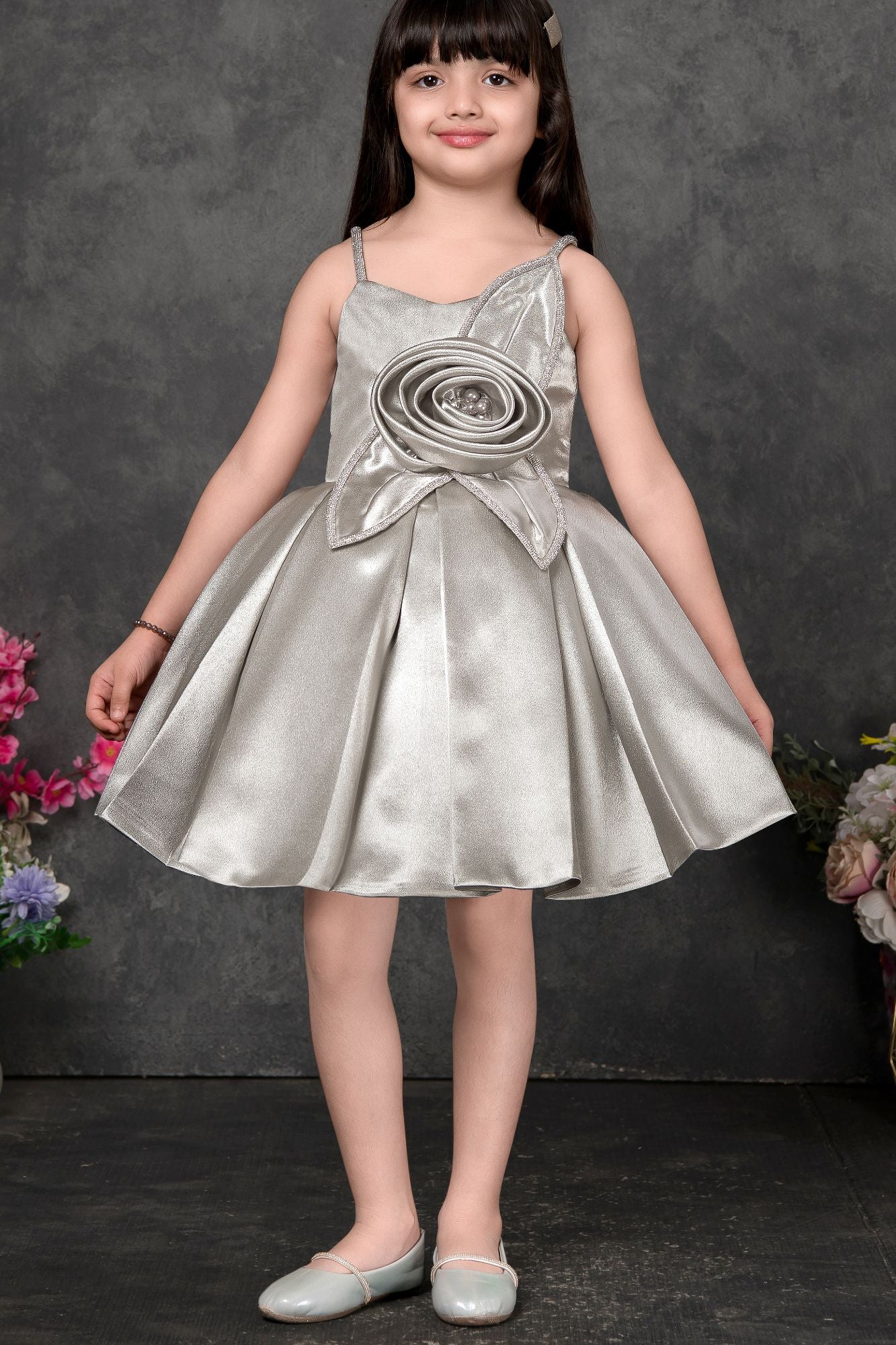Silver Frock With 3D Rose Detail For Girls