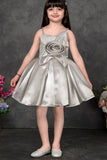Silver Frock With 3D Rose Detail For Girls