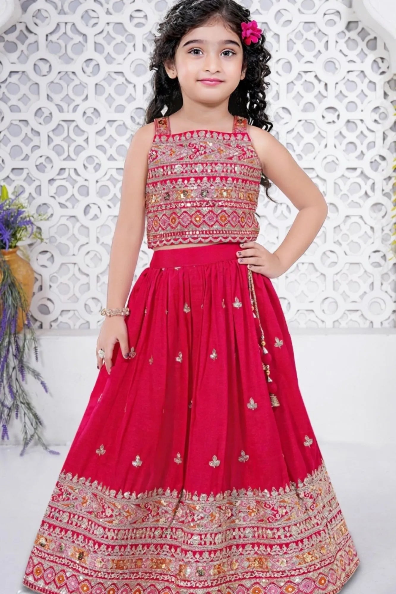 Red Sequins Embroidered Lehenga Choli Set for Girls