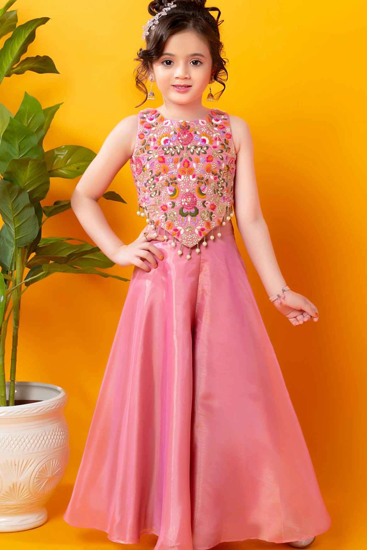 Pink Sequins Work With Thread Embroidery Palazzo Set For Girls