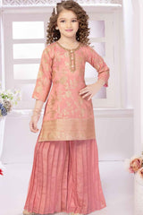 Peach Banarasi And Sequined Sharara Set For Girls