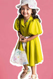 Mustard Green Casual Frock With Embroidered For Girls