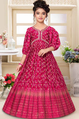 Dark Pink Bandhani Printed Gown With Sequin Work For Girls