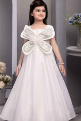 White Butterfly Embellished With Sequins And Pearl Work Gown For Girls