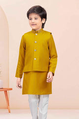 Classic Mustard Kurta Set With Bandi For Boys