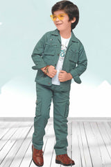 White Printed T Shirt With Green Jacket And Pant For Boys