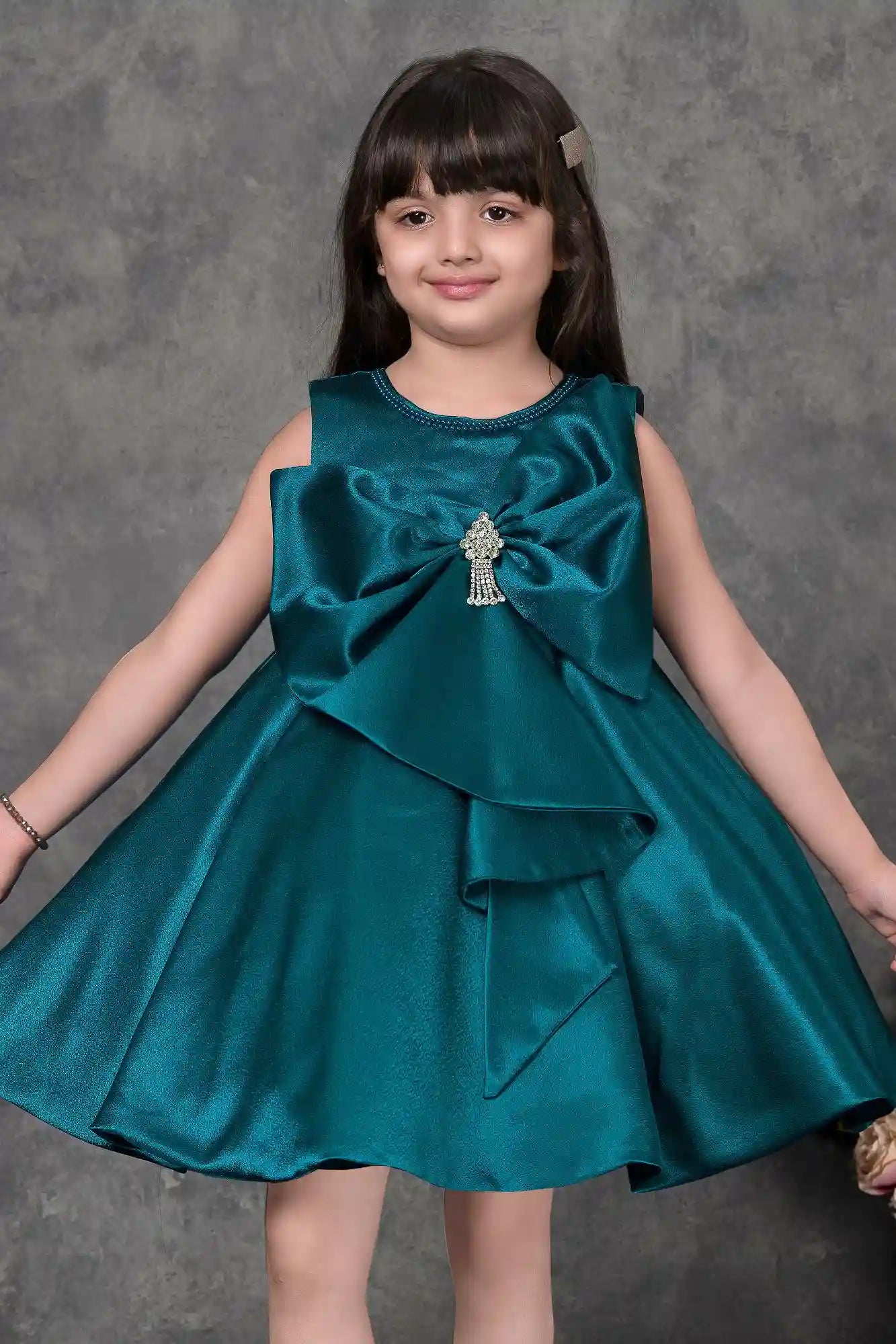Teal Blue Party Dress with Oversized Bow And Stone Brooch For Girls