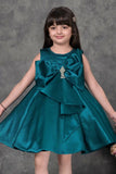 Teal Blue Party Dress with Oversized Bow And Stone Brooch For Girls