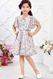 Stylish Cream Printed Ruffled Sleeves Dress For Girls