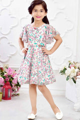 Stylish Cream Printed Ruffled Sleeves Dress For Girls