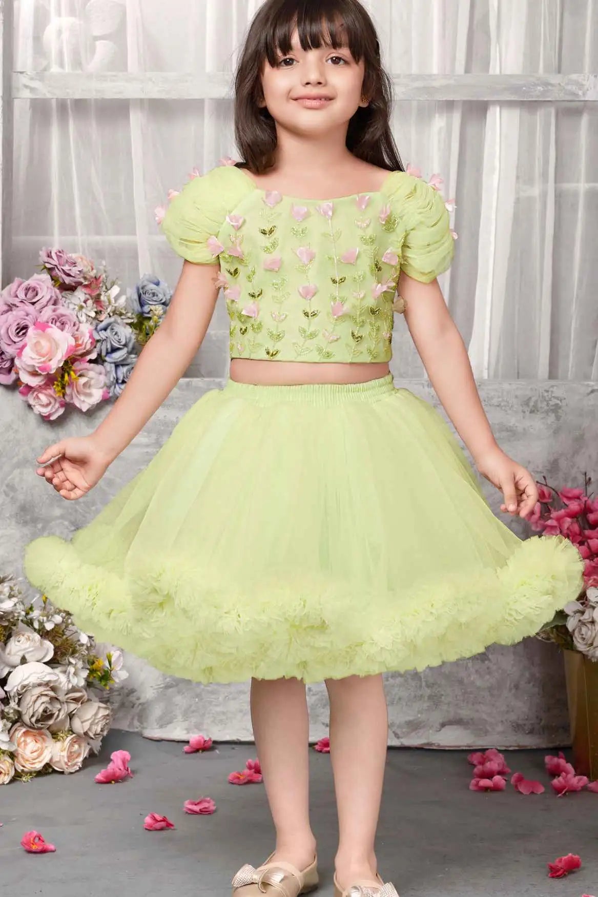 Pista Green Ruffled Bead Work And Floral Embellished Skirt Set For Girls