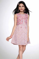 Stylish Pink Printed Sleeveless Frock With Waist Coat For Girls