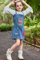 Denim Dungri Skirt With White 3/4 Sleeves T Shirt For Girls