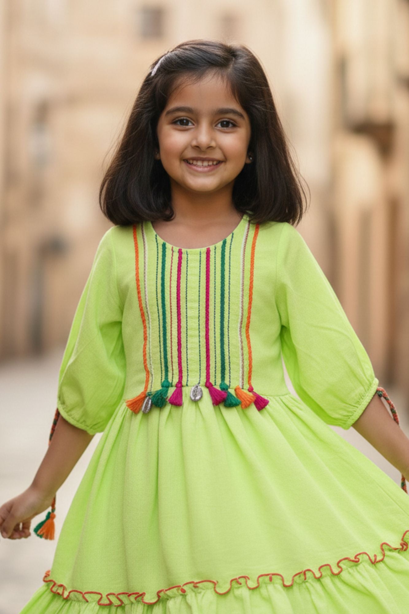 Neon Green Ruffle Tiered Dress with Multicolor Embroidery For Girls