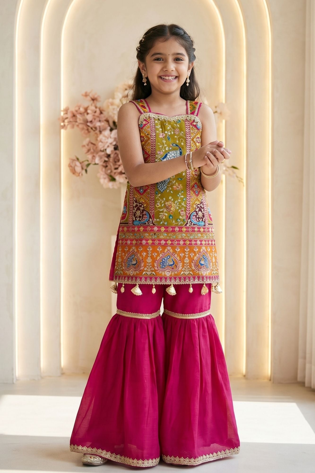 Girls Rani Pink Festive Peacock Embroidered Kurti with Flared Sharara Pants
