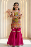 Girls Rani Pink Festive Peacock Embroidered Kurti with Flared Sharara Pants