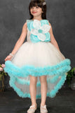 Off-White and Blue High-Low Party Frock with 3D Flower Appliqué For Girls