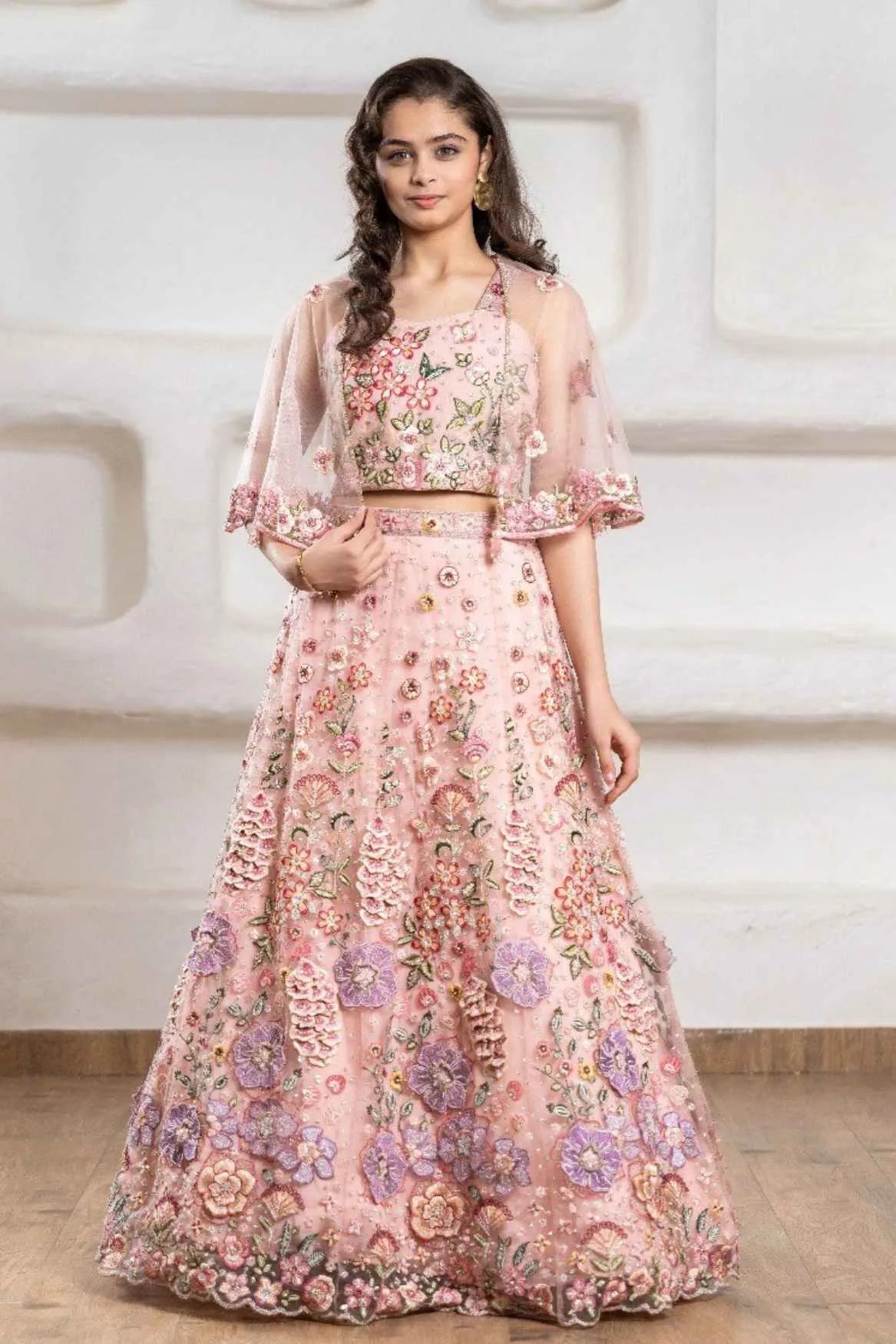 Dreamy Blush Pink 3-Piece Embroidered Lehenga Set with Cape For Girls