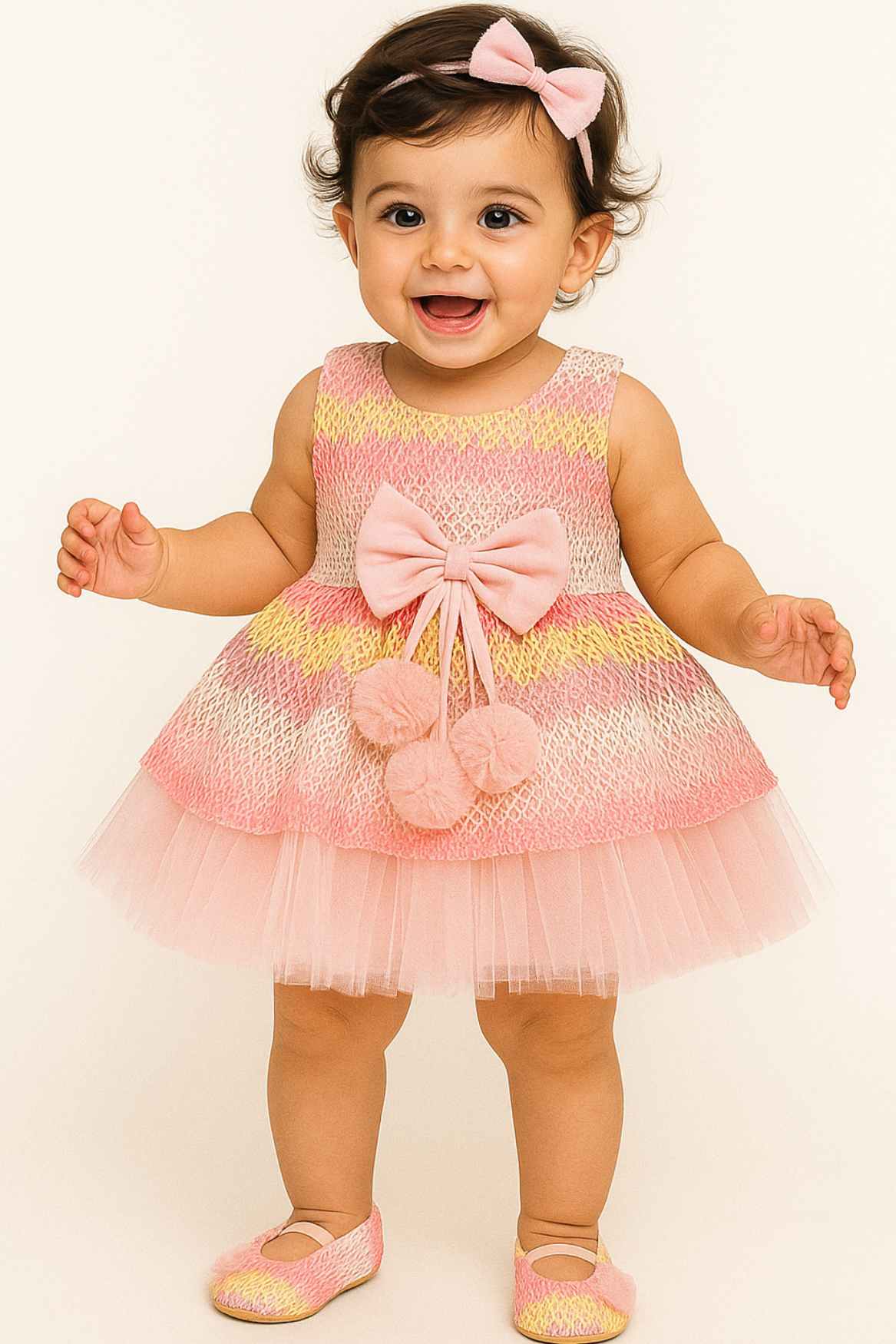 Pink Ombre Party Dress With Bow And Tulle Skirt For Girls