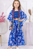 Blue Printed Co-Ord Set With Embellished Overcoat For Girls